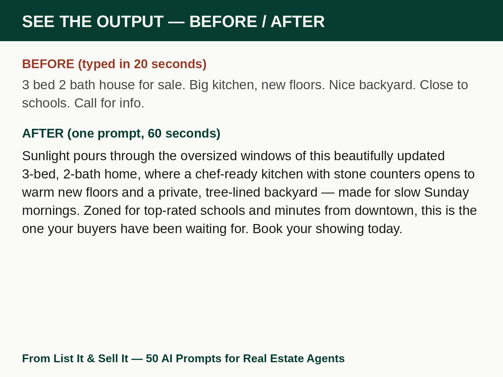Before and after: raw listing notes turned into a polished listing description