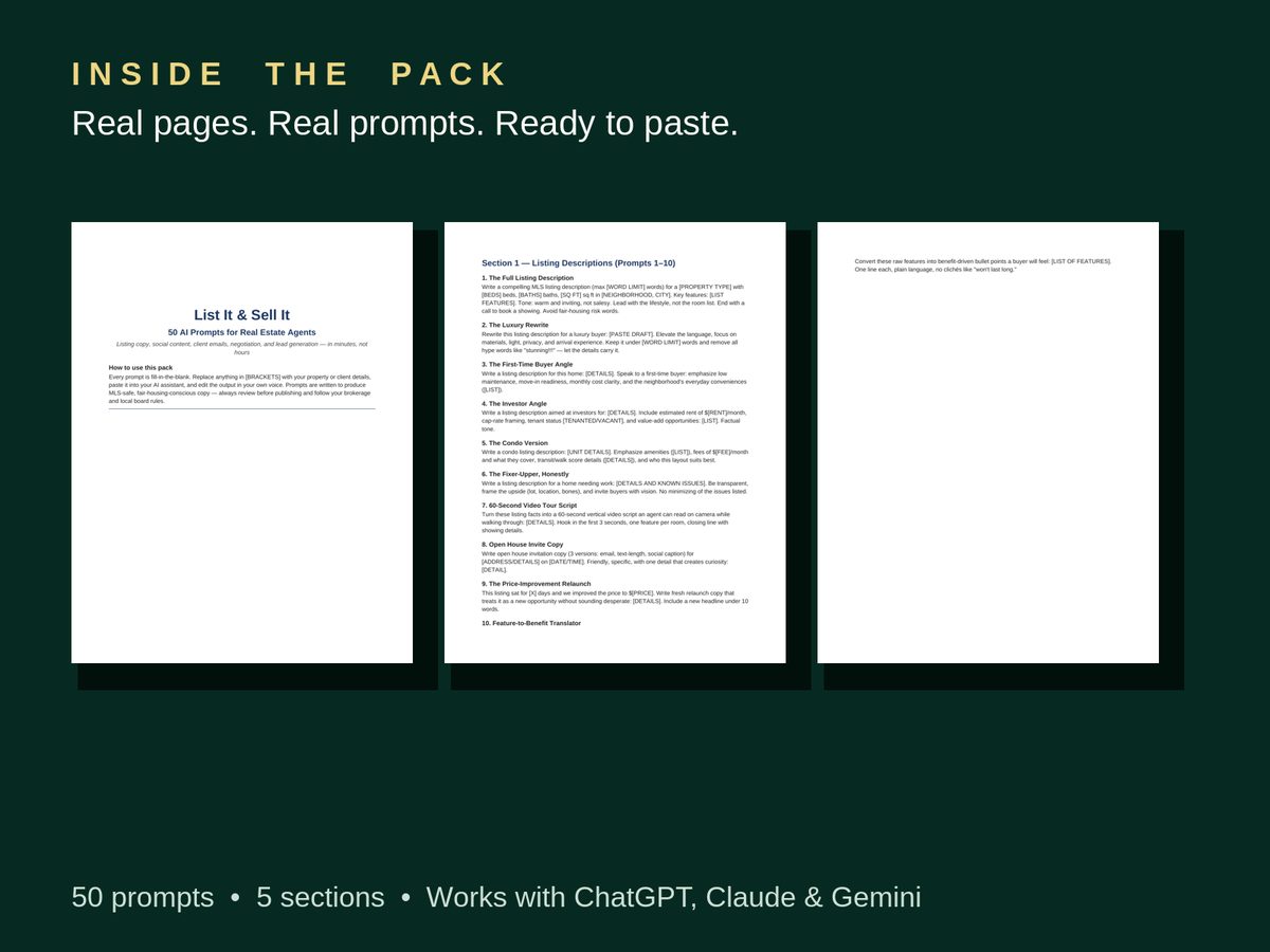 Pages from inside the List It & Sell It prompt pack